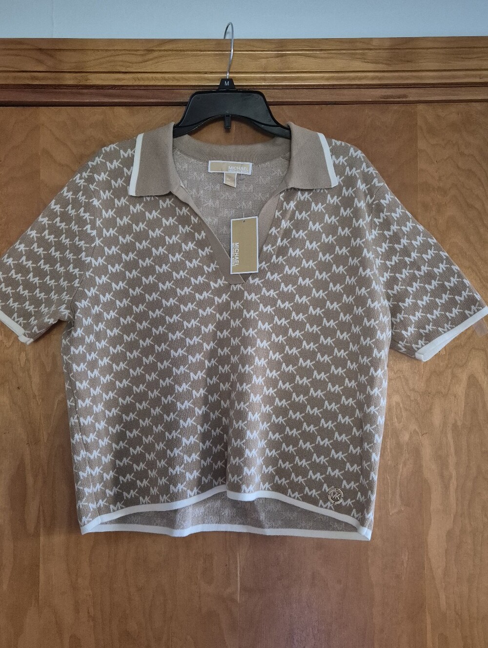 MICHAEL Michael Kors Knit Beige & White MK Logo Polo Top, size XL